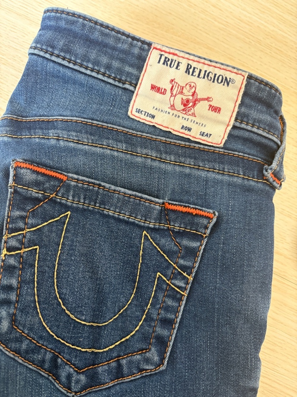True Religion Skinny Jeans in Blue with Orange Stitching